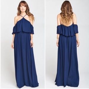 Show Me Your MuMu Rebecca Ruffle Maxi Dress Size XS Rich Navy Crisp Chiffon Maxi